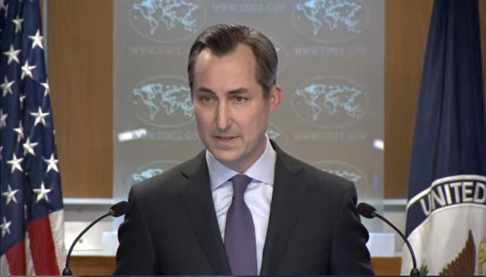 State Department Press Secretary Matthew Miller is seen speaking during a daily press briefing at the department in Washington on May 24, 2023 in this captured image. (Yonhap)