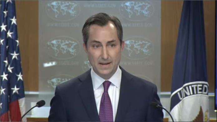 En esta imagen capturada, se ve al secretario de Prensa del Departamento de Estado, Matthew Miller, hablando durante una conferencia de prensa diaria en el departamento en Washington el 10 de julio de 2023.  (Yonhap)