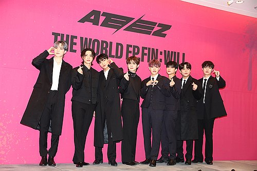 K-pop boy group Ateez poses for a photo during a press conference to promote its second studio album, "The World Ep. Fin: Will," in this Dec. 1, 2023, file photo provided by KQ Entertainment. (PHOTO NOT FOR SALE) (Yonhap)