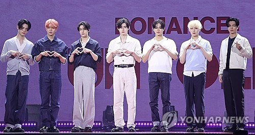 K-pop boy group Enhypen poses for a photo during a media showcase in Seoul on July 11, 2024, for its second full-length album "Romance: Untold," set for release the next day. (Yonhap)