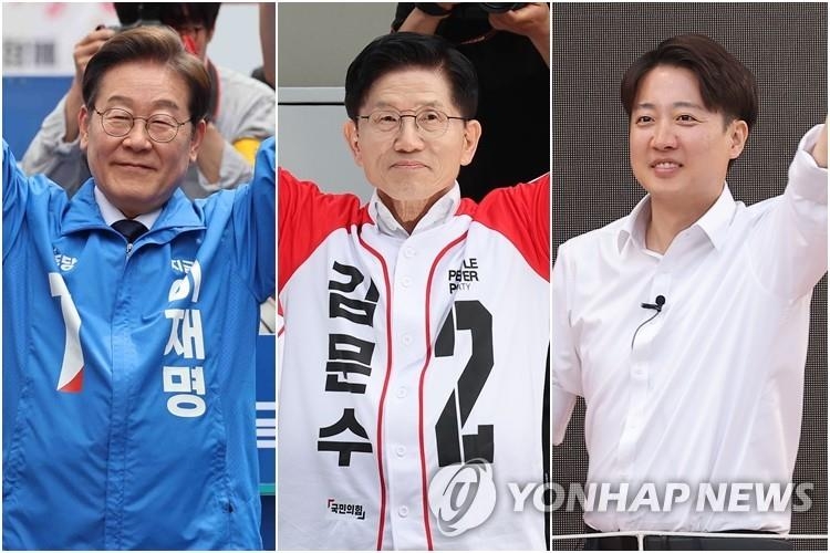 (From L to R) This composite file photo shows three presidential contenders -- Lee Jae-myung of the Democratic Party, Kim Moon-soo of the People Power Party and Lee Jun-seok of the minor New Reform Party -- campaigning in the southeastern city of Daegu on May 13, 2025. (Yonhap).