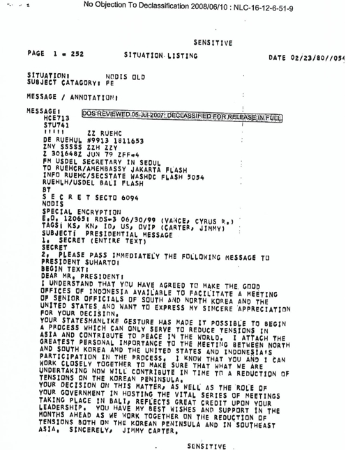 Les Etats-Unis ont cherché à organiser des discussions à haut niveau secrètes avec les Corées en 1979