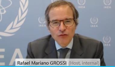 Cette capture d'écran montre Rafael Mariano Grossi, directeur général de l'AIEA, au cours d'une interview accordée à Yonhap en visioconférence, le 20 avril 2021.