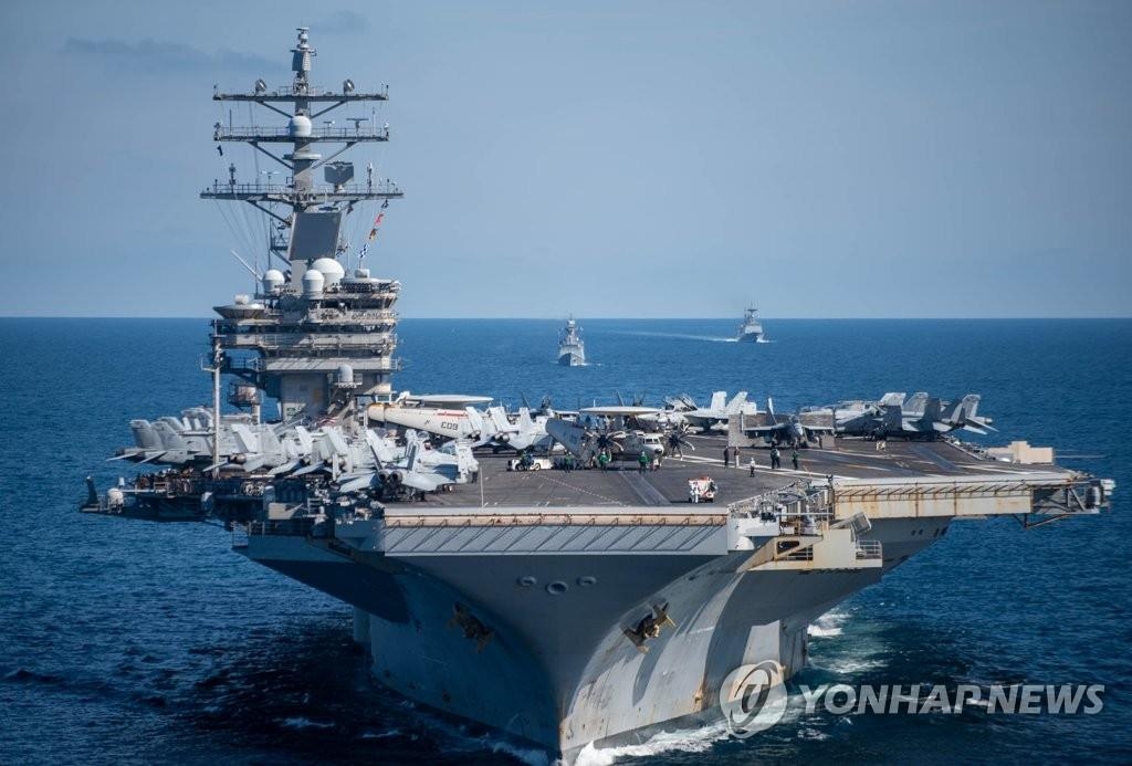 Le porte-avions américain USS Ronald Reagan au cours d'un exercice naval conjoint Corée du Sud-Etats-Unis en mer de l'Est, le 29 septembre 2022. (Photo fournie par la marine sud-coréenne. Revente et archivage interdits)