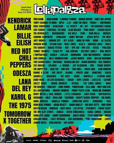 Liste des têtes d'affiche du festival Lollapalooza 2023. (Capture du site Internet officiel de Lollapalooza. Revente et archivage interdits) 
