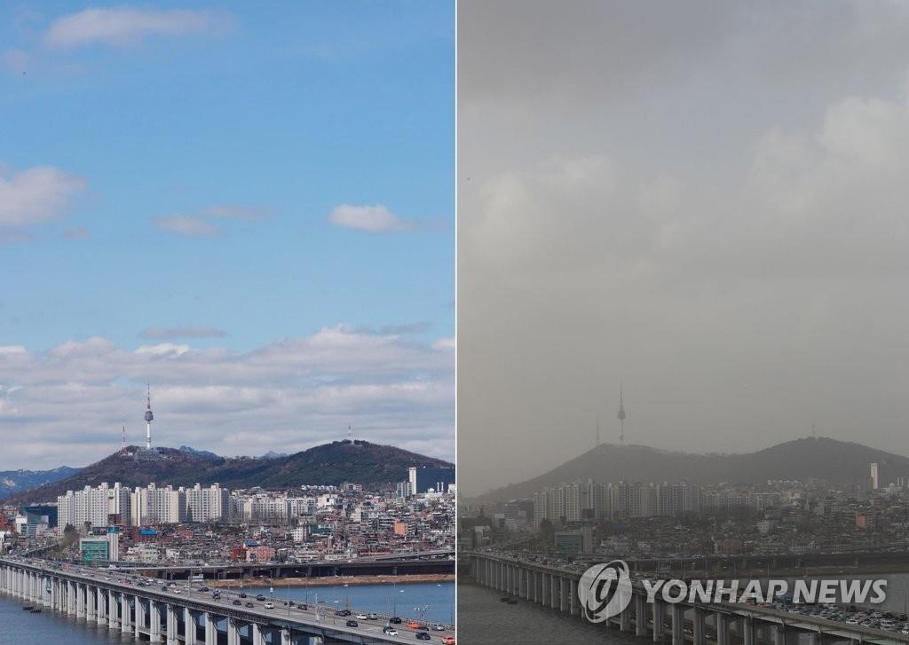 ４日午後のソウル市内（左）と警報が発令された６日午後のソウル市内の様子＝（聯合ニュース）
