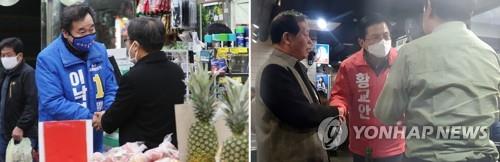 ２日午前０時すぎ、ソウル市内のスーパーを訪れ、市民に支持を訴える李氏（左）と同市内の食堂を訪問した黄氏＝２日、ソウル（聯合ニュース）