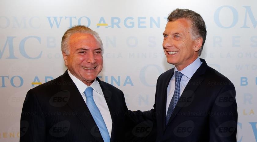 미셰우 테메르 브라질 대통령(왼쪽)과 마우리시오 마크리 아르헨티나 대통령 [국영 뉴스통신 아젠시아 브라질]