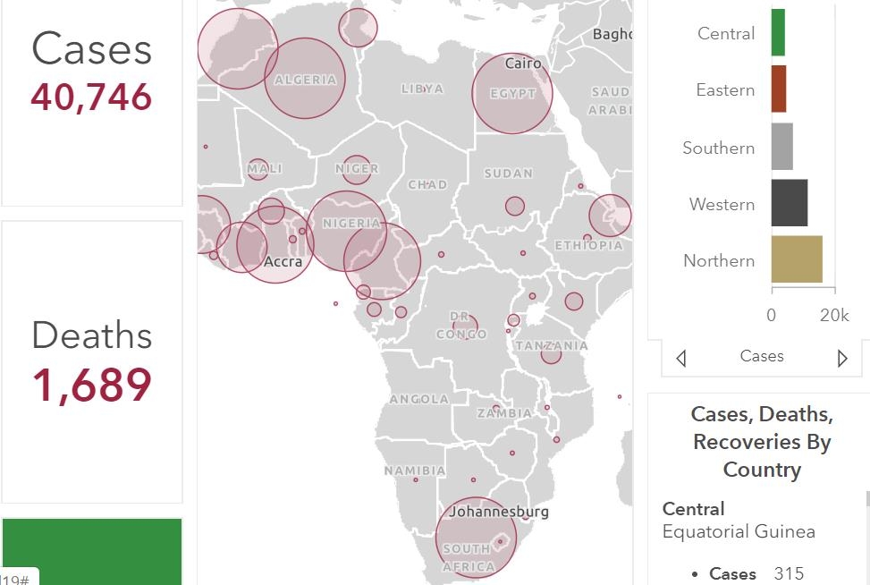 아프리카 코로나19 주요 발병국(큰 원)