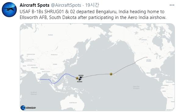 미국 B-1B 폭격기 귀환 경로
