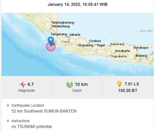 인도네시아 자바섬 서남단 해상 강진…자카르타 충격