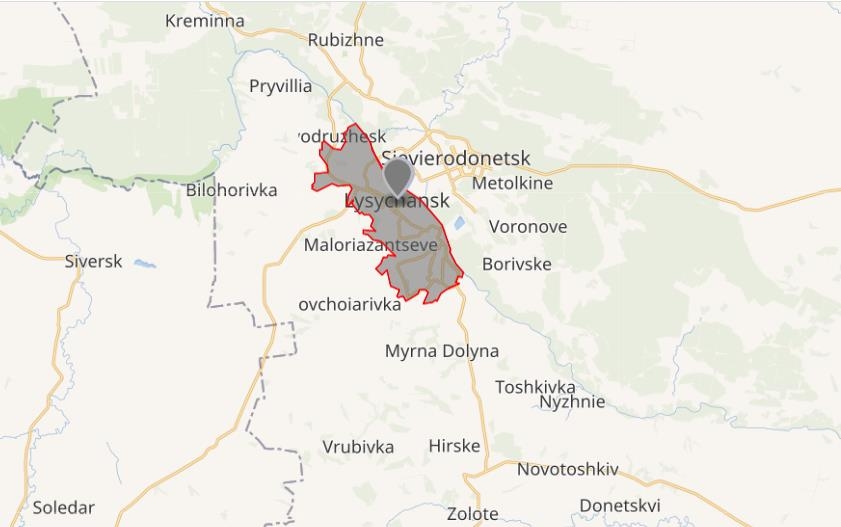 리시찬스크(붉은 테두리 지역)와 남쪽 거주지역 히르스케, 졸로테 등의 위치