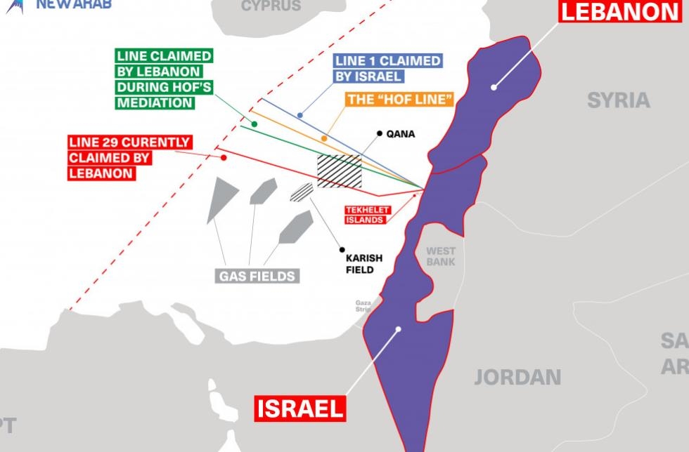 이스라엘-레바논 해상 영유권 분쟁 구역과 가스전 위치도.