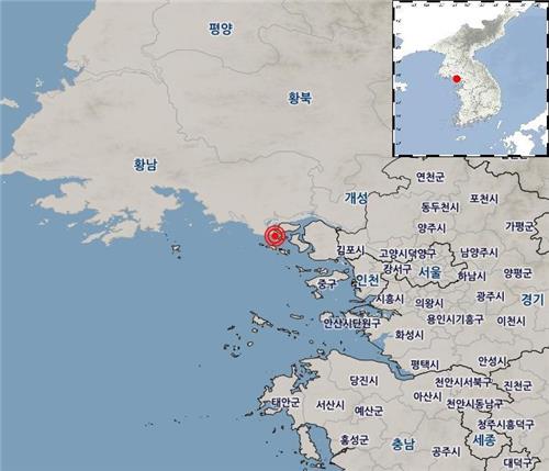 9일 오전 1시 28분께 규모 3.7 지진이 발생한 인천 강화군 서쪽 25㎞ 해역. [기상청 제공. 재판매 및 DB 금지]