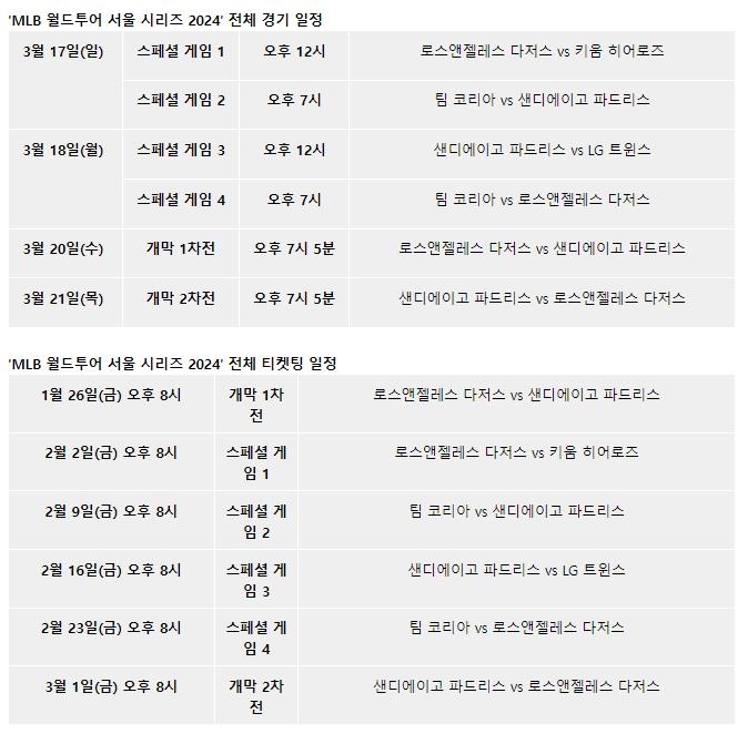 MLB 월드투어 서울 시리즈 2024 경기 예매 일정