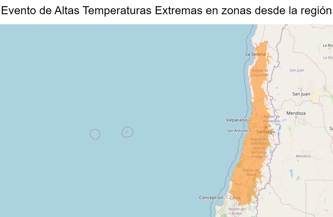 칠레 기상청에서 발표한 극심한 고온 주의 지역(붉은 색)