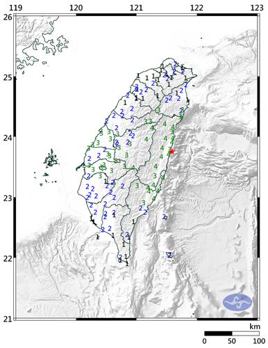 5월 9일 오후 규모 5.9 여진 발생한 대만 동부 화롄현 인근(붉은 점)