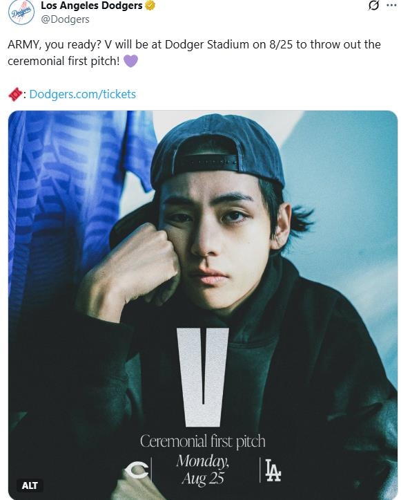 BTS 뷔, 이달 25일 LA 다저스 홈경기서 시구