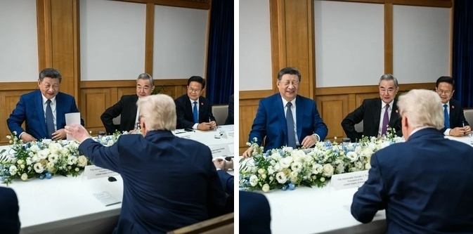 도널드 트럼프 미국 대통령이 내민 종이를 보고 시진핑 중국 국가주석이 웃는 모습