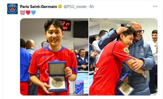 'PSG 100경기' 기념패 받은 이강인 "승리 계속 도울 수 있기를"