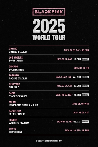 En esta fotografía, sin fechar, proporcionada por YG Entertainment, se muestran las fechas y lugares de la próxima gira mundial de BLACKPINK. (Prohibida su reventa y archivo)