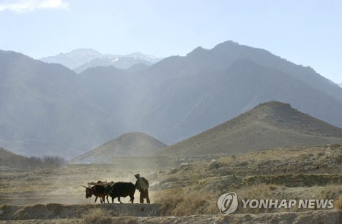 2001년 12월 아프가니스탄 마다켈 외곽의 들판에서 농부가 일을 하는 가운데 멀리 토라보라 산악지대가 보인다.[AP=연합뉴스 자료사진]