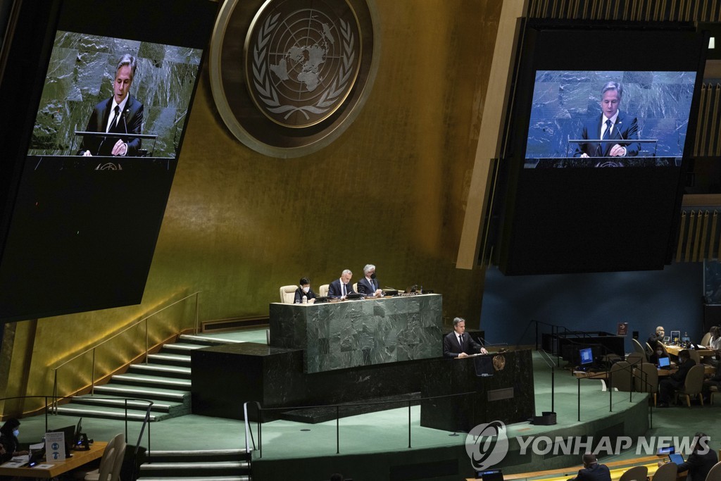 제10차 핵확산금지조약(NPT) 평가회의서 연설하는 토니 블링컨 미국 국무장관