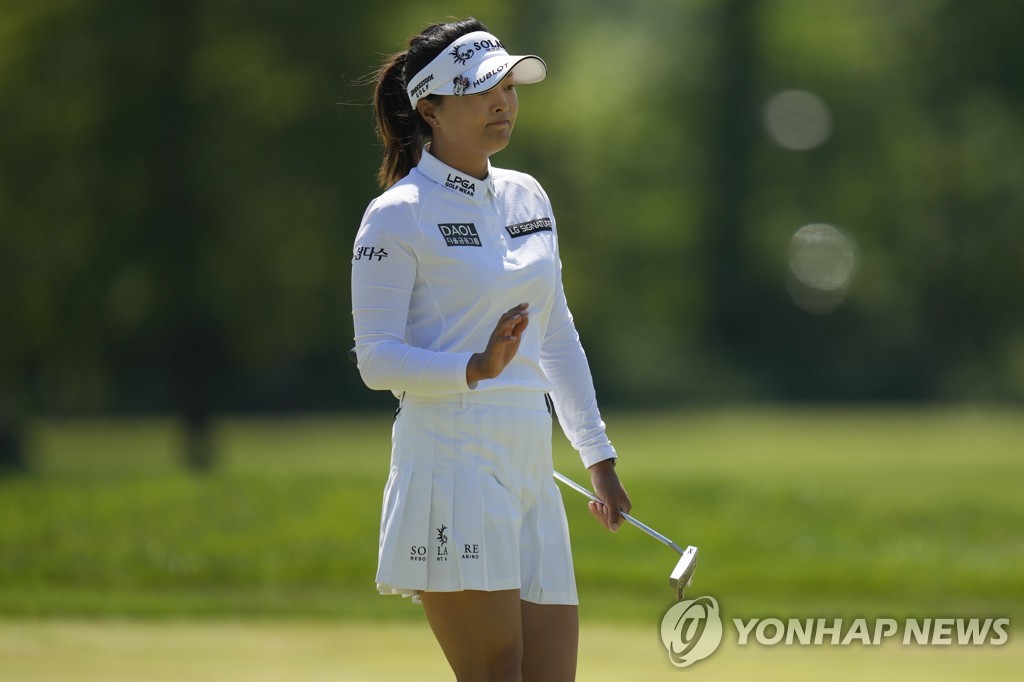 In this Associated Press photo, Ko Jin-young of South Korea reacts to her par putt on the second green during the final round of the Cognizant Founders Cup on the LPGA Tour at Upper Montclair Country Club in Clifton, New Jersey, on May 14, 2023. (Yonhap)