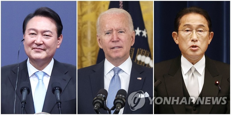 사진 왼쪽부터 윤석열 대통령, 바이든 미국 대통령, 기시다 일본 총리
