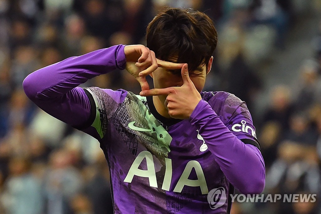 In this AFP photo, Son Heung-min of Tottenham Hotspur celebrates his goal against Newcastle United during the clubs' Premier League match at St. James' Park in Newcastle, England, on Oct. 17, 2021. (Yonhap)