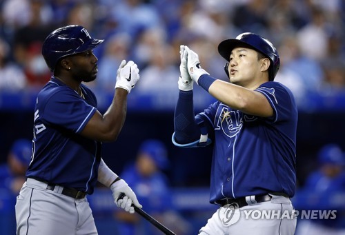 Ji-Man Choi of the Tampa Bay Rays during an at-bat against the News  Photo - Getty Images