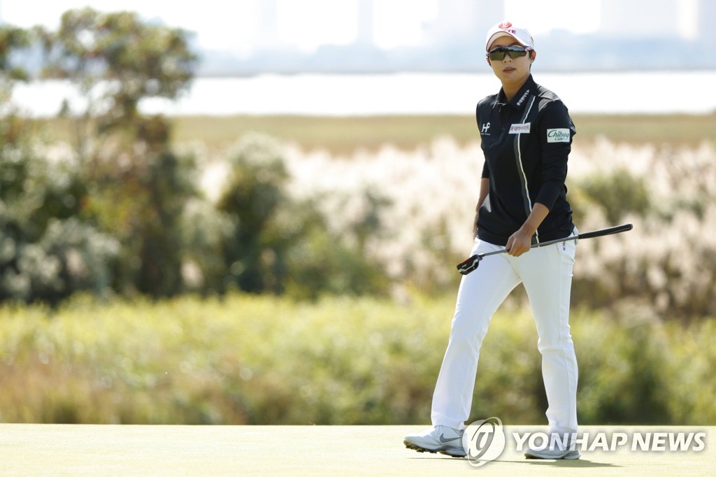 In this Getty Images photo, Kim Hyo-joo of South Korea looks on from the 15th green during the second round of the ShopRite LPGA Classic on the Bay Course at Seaview Golf Club in Galloway, New Jersey, on Oct. 2, 2021. (Yonhap)