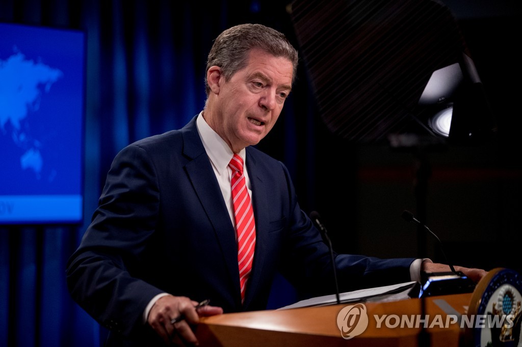 This Reuters photo shows U.S. Ambassador at Large for International Religious Freedom Sam Brownback speaking during a news conference at the State Department in Washington on June 10, 2020. (Yonhap)
