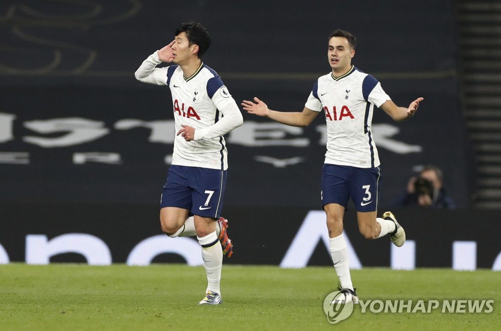 Son Heung-min (left) rejoices after scoring.