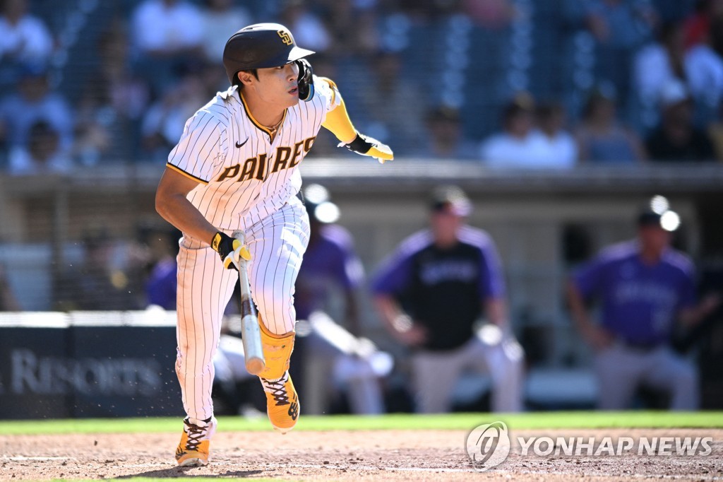 In this USA Today Sports photo via Reuters, Kim Ha-seong of the San Diego Padres heads to first base after hitting a triple against the Colorado Rockies during the bottom of the eighth inning of a Major League Baseball regular season game at Petco Park in San Diego on Aug. 3, 2022. (Yonhap)