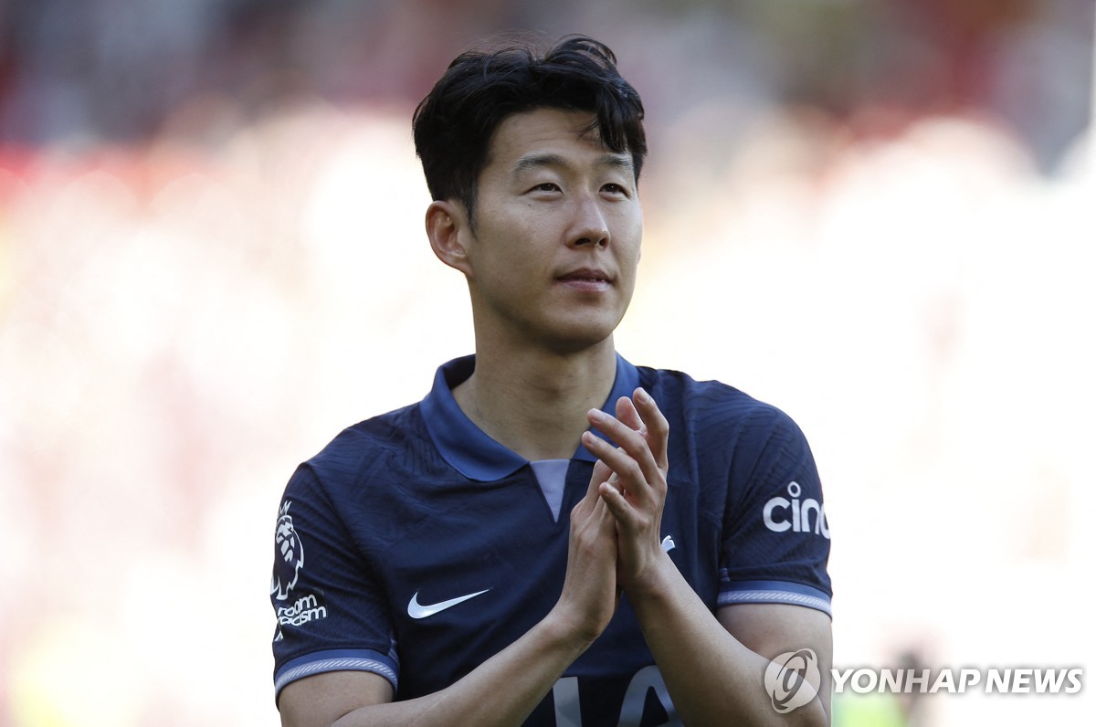 In this Action Images photo via Reuters, Son Heung-min of Tottenham Hotspur applauds supporters after a 2-0 win over Sheffield United in the clubs' Premier League match at Bramall Lane in Sheffield, England, on May 19, 2024. (Yonhap)