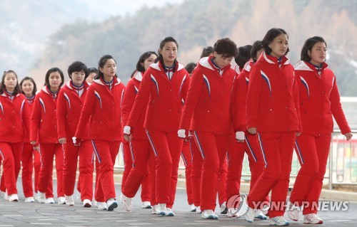 [올림픽] 줄 맞춰 걷는 북한 응원단