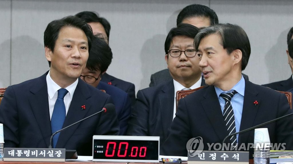 President Moon Jae-in's chief of staff Im Jong-seok (L) and Cho Kuk, the top secretary for civil affairs, talk to each other at a meeting of the parliamentary steering committee on Dec. 31, 2018, over the presidential office's alleged surveillance of civilians. (Yonhap)