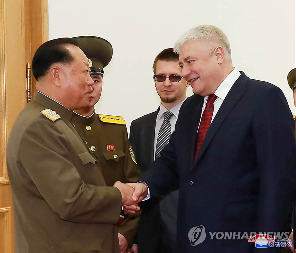 This photo from North Korea's Korean Central News Agency shows Russia's Minister of Internal Affairs Vladimir Kolokoltsev shaking hands with North Korea's Minister of People's Security Choe Pu-il during a meeting in Pyongyang on April 2, 2019. (For Use Only in the Republic of Korea. No Redistribution) (Yonhap)