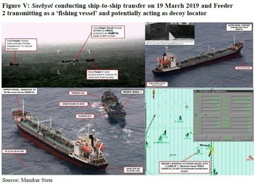 중소형 선박 '피더선'을 동원한 북한 불법 환적 장면