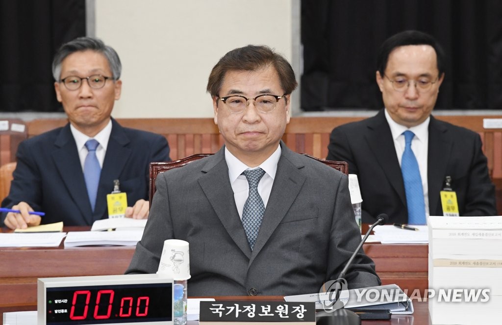 Suh Hoon, chief of South Korea's National Intelligence Service, attends a meeting of the parliamentary intelligence committee at the National Assembly in Seoul on Sept. 24, 2019. (Yonhap)