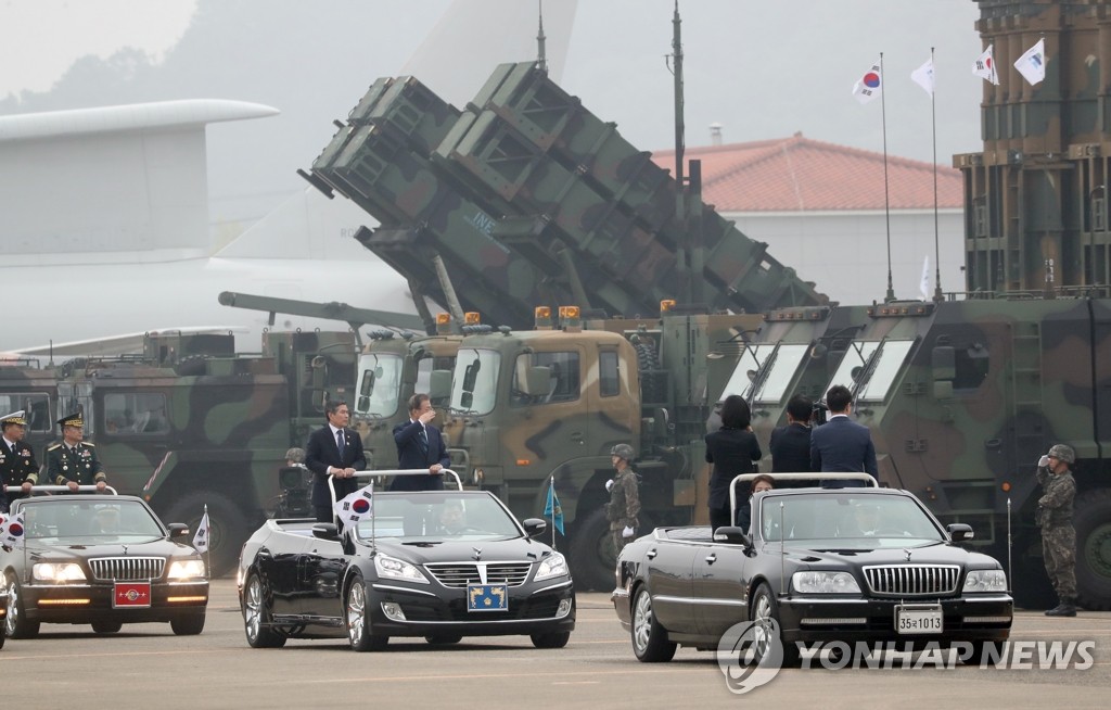 President Moon Jae-in inspects a PAC-II missile defense system during an Armed Forces Day ceremony at an Air Force base in Daegu on Oct. 1, 2019. (Yonhap)