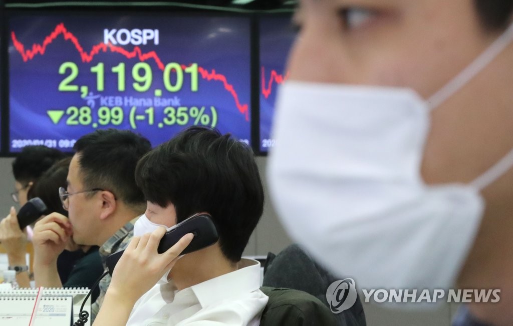 Staffs watch computer monitors at KEB Hana Bank in downtown Seoul on Jan. 31, 2020. The benchmark Korea Composite Stock Price Index (KOSPI) fell 28.99 points, or 1.35 percent, to close at 2,119.01 on the day as concerns over the new coronavirus outbreak deepened. (Yonhap)