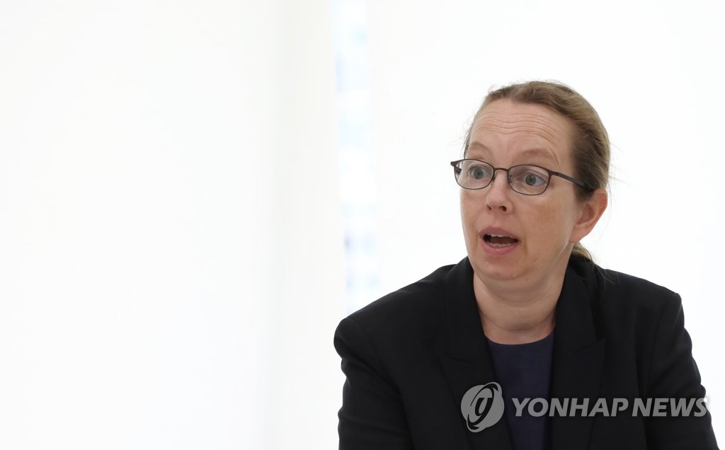 Signe Poulsen, head of the Seoul office of the U.N. Office of High Commissioner for Human Rights (OHCHR), holds an interview with Yonhap News Agency in Seoul on June 23, 2020, on the occasion of the fifth anniversary of the office's opening. (Yonhap)