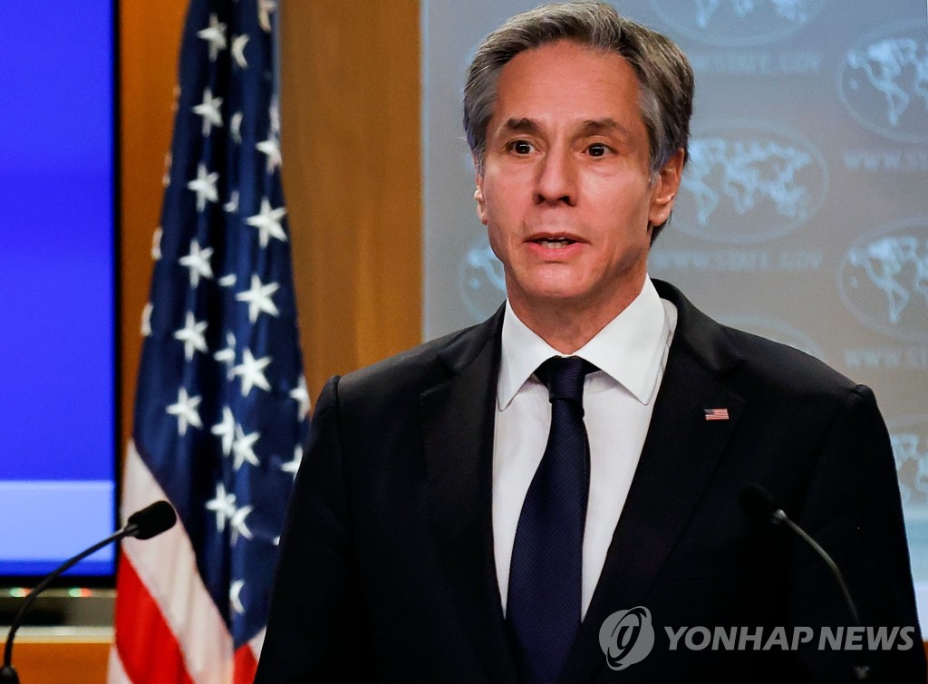 This AFP photo shows U.S. Secretary of State Antony Blinken holding a press conference at the State Department in Washington on Jan. 27, 2021. (Yonhap)