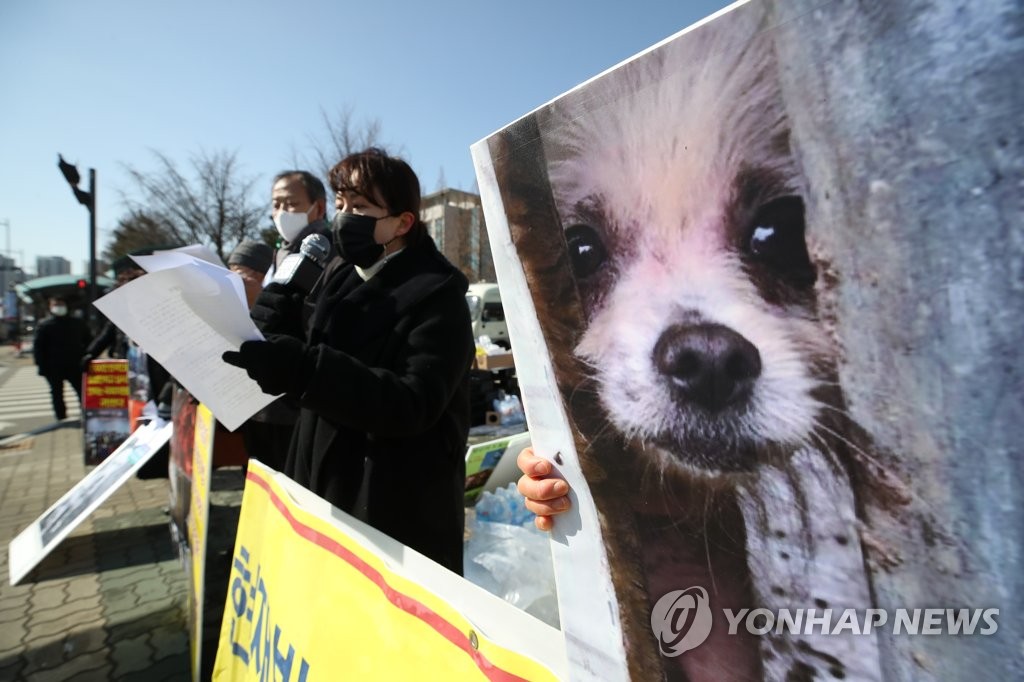 Members of a civic group, composed of pet lovers, stage a rally in front of the National Assembly, calling for legislation on banning the sale of dogs and cats for food, in this file photo dated Feb. 17, 2021. (Yonhap)