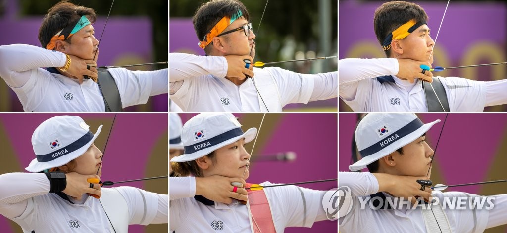 South Korean archers train for the Tokyo Olympics at Yumenoshima Archery Field in Tokyo on July 20, 2021. Clockwise from top left: Oh Jin-hyek, Kim Woo-jin, Kim Je-deok, An San and Kang Chae-young and Jang Min-hee. (Yonhap)