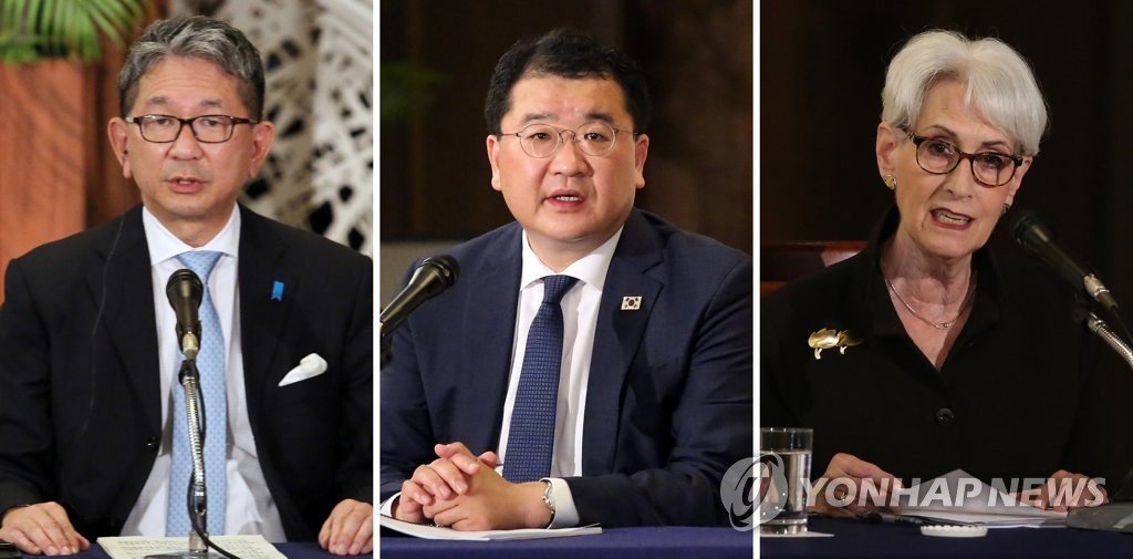 韓米日の外務次官協議が来週ワシントンで行われる。会議に出席する予定の（左から）森氏、崔氏、シャーマン氏（資料写真）＝（聯合ニュース）