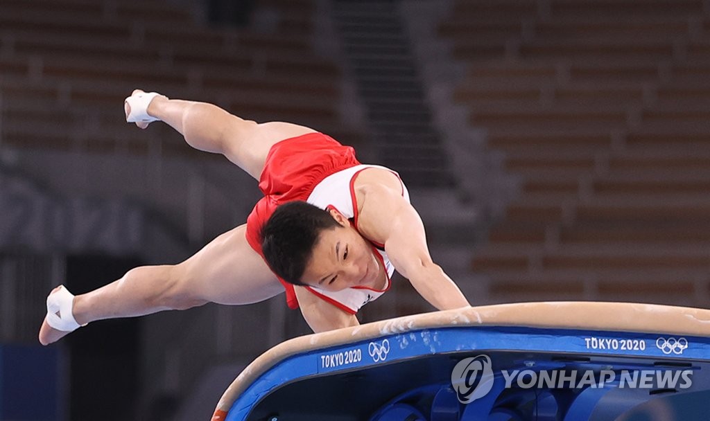 Shin Jea-hwan of South Korea practices on the vault ahead of the Tokyo Olympics at Ariake Gymnastics Centre in Tokyo on July 21, 2021. (Yonhap)