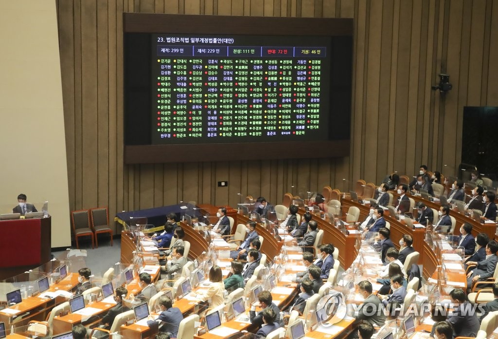 This image shows a plenary parliamentary session in progress. (Yonhap)